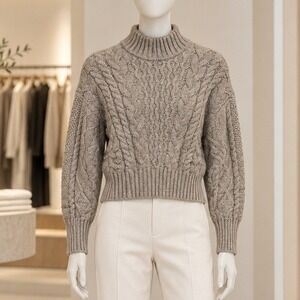 Allison New York Womens Rylee Sweater Heather Grey Cable Knit Mock Neck Small
